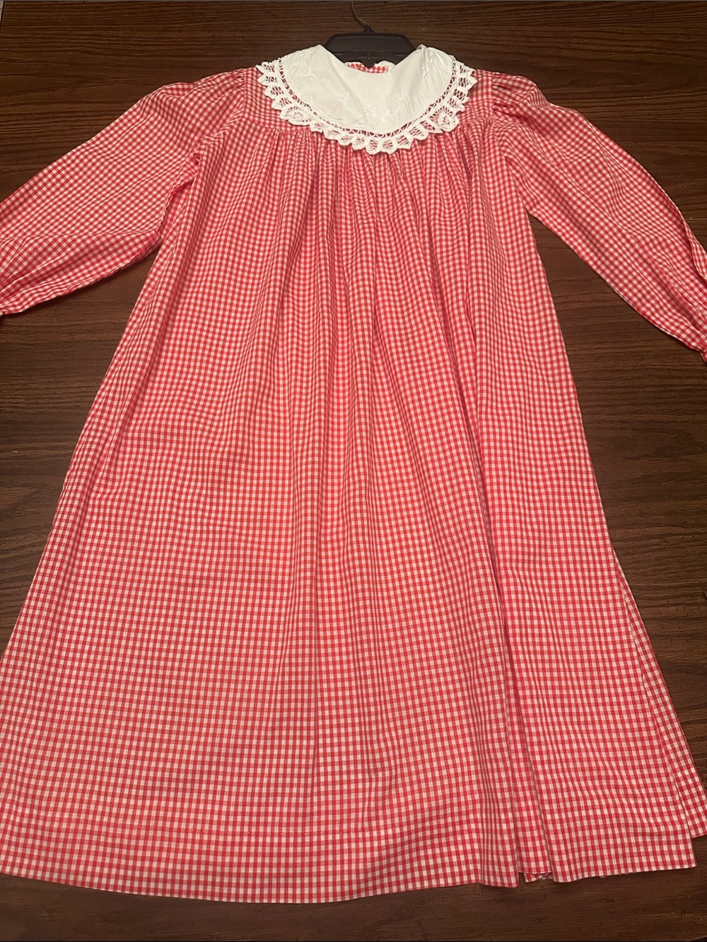 Girls red and white Gingham Long-Sleeve Dress with Lace Collar
